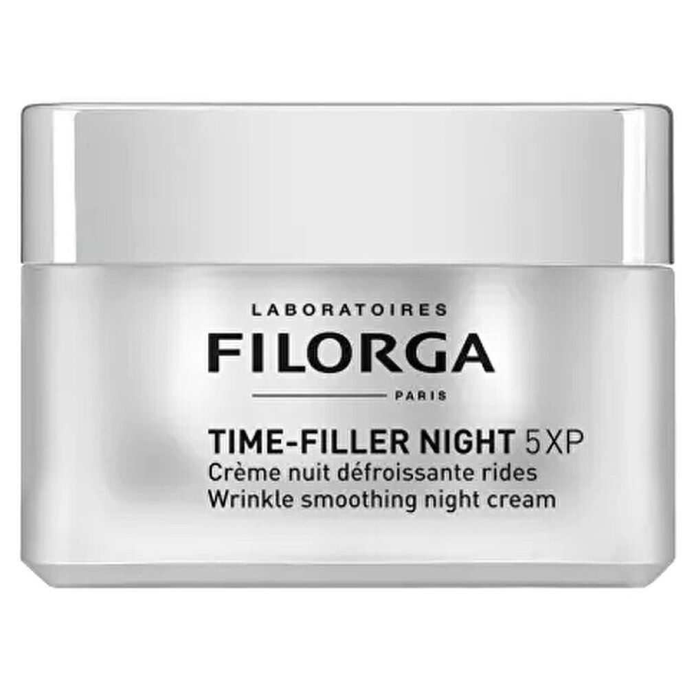 Creme-Tiegel mit Deckel. Aufschrift: FILORGA PARIS, TIME-FILLER NIGHT 5XP, Crème nuit défroissante rides, Wrinkle smoothing night cream.