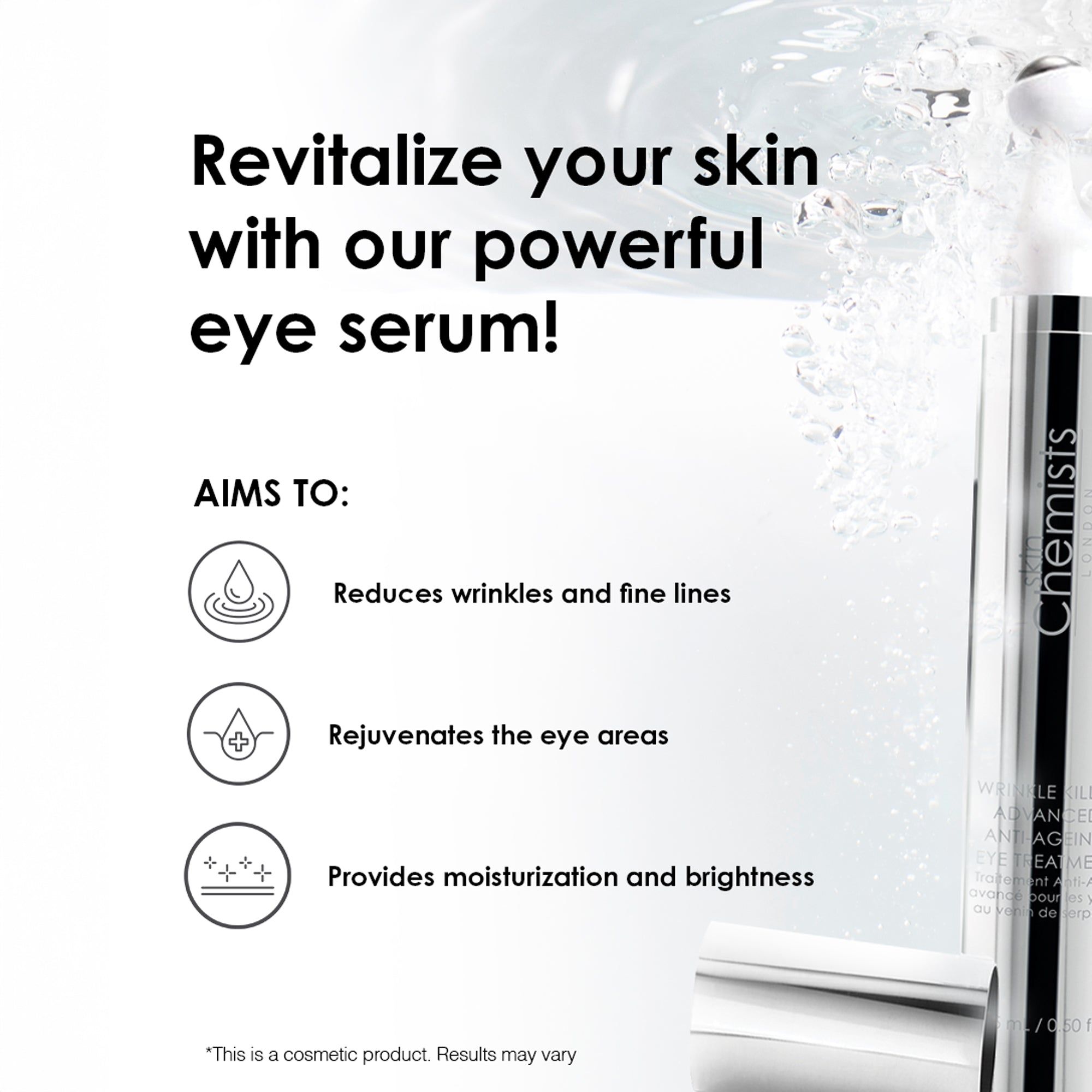 Augenserum-Flasche mit Roll-on-Applikator. Text: Revitalize your skin with our powerful eye serum! AIMS TO: Reduces wrinkles.