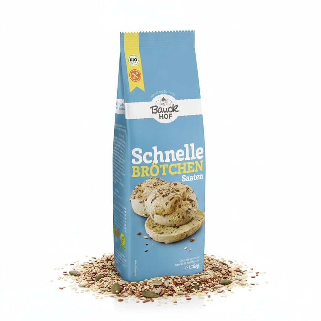 Bauckhof Schnelle Brötchen Saaten Backmix, 500g Packung, umgeben von Backzutaten und fertigen Brötchen.