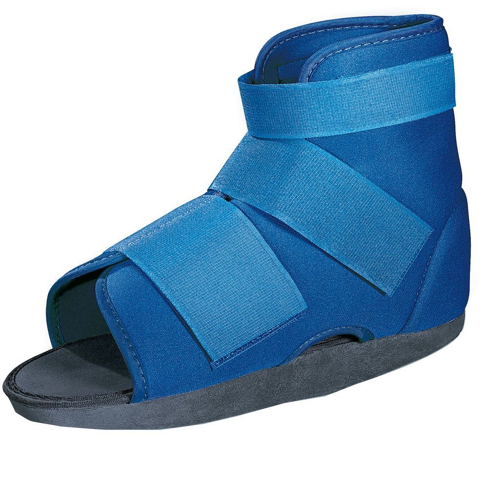 Blauer Fußschutz mit Klettverschlüssen. Offene Zehenpartie, hoher Schaft. Schwarze Sohle. Material: Stoff.