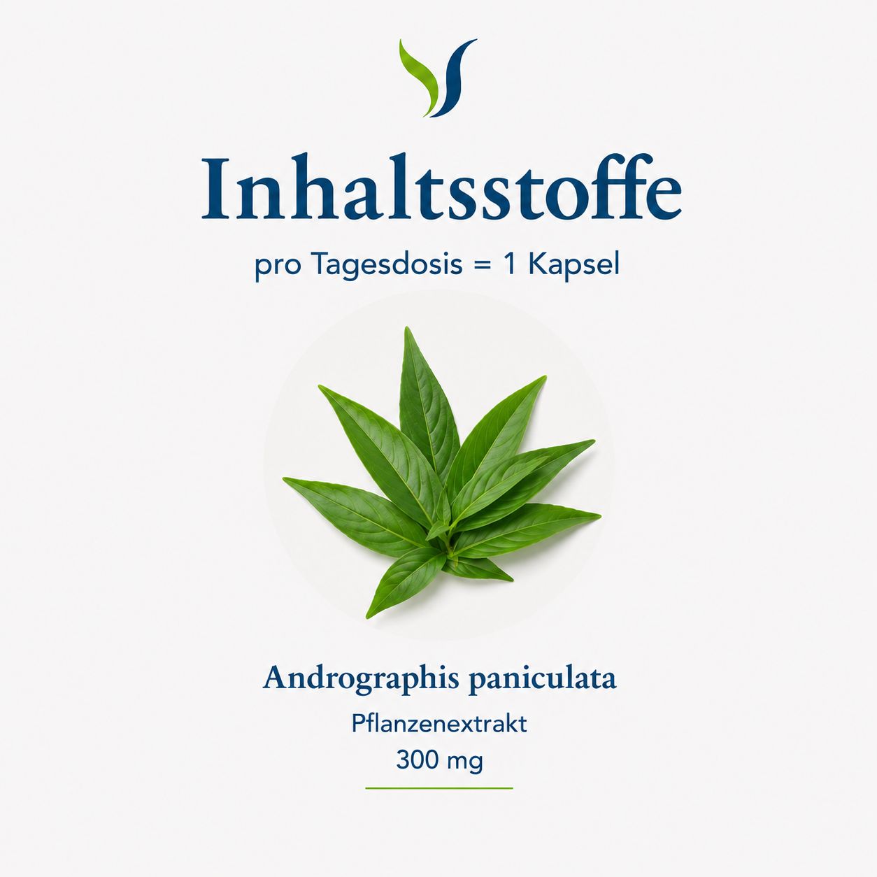 Inhaltsstoffe: Andrographis paniculata Pflanzenextrakt, 300 mg pro Kapsel.