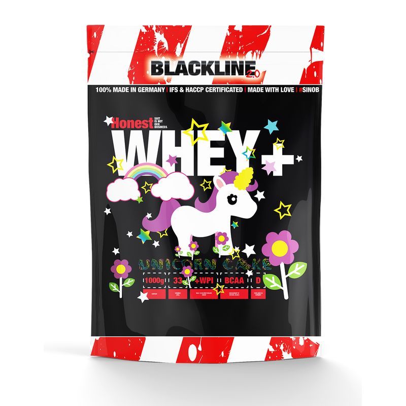 Sinob Honest Whey+ Proteinpulver-Beutel. Schwarzer Beutel mit Einhorn-Illustration. Enthält WPI, BCAA und D. Schriftzug: Unicorn Cake.