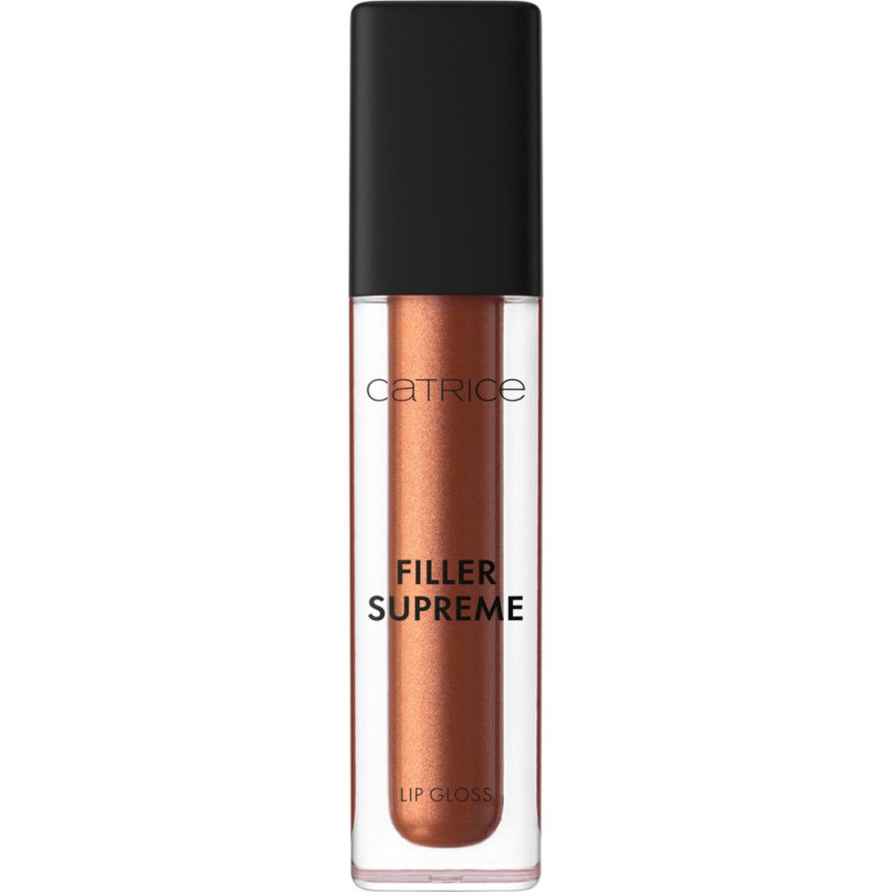 Catrice Supreme Lippenfiller Gloss. Transparente Tube mit braunem Gloss. Schwarzer Deckel. Produktname und Marke sichtbar.