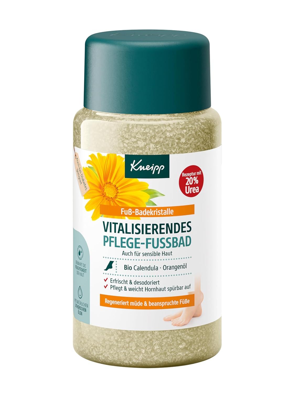 Behälter mit Fußbadkristallen. Aufschrift: Kneipp, Vitalisierendes Pflege-Fußbad, Bio Calendula, Orangenöl. Mit 20% Urea. Grün-gelbe Kristalle.