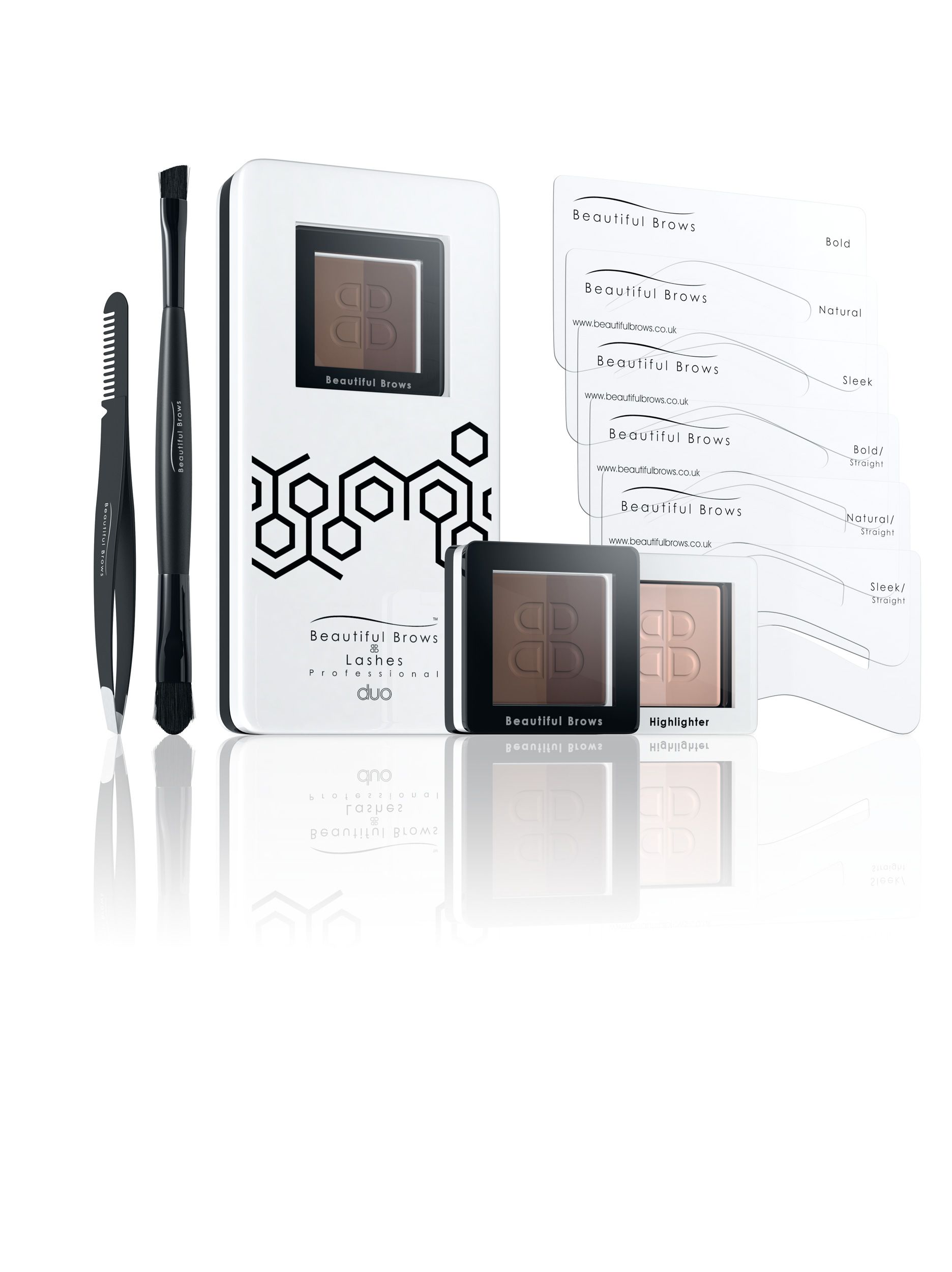 Augenbrauen-Kit mit dunklem Brauenpuder, Highlighter, Schablonen, Pinsel und Pinzette. Schwarze und weiße Verpackung.