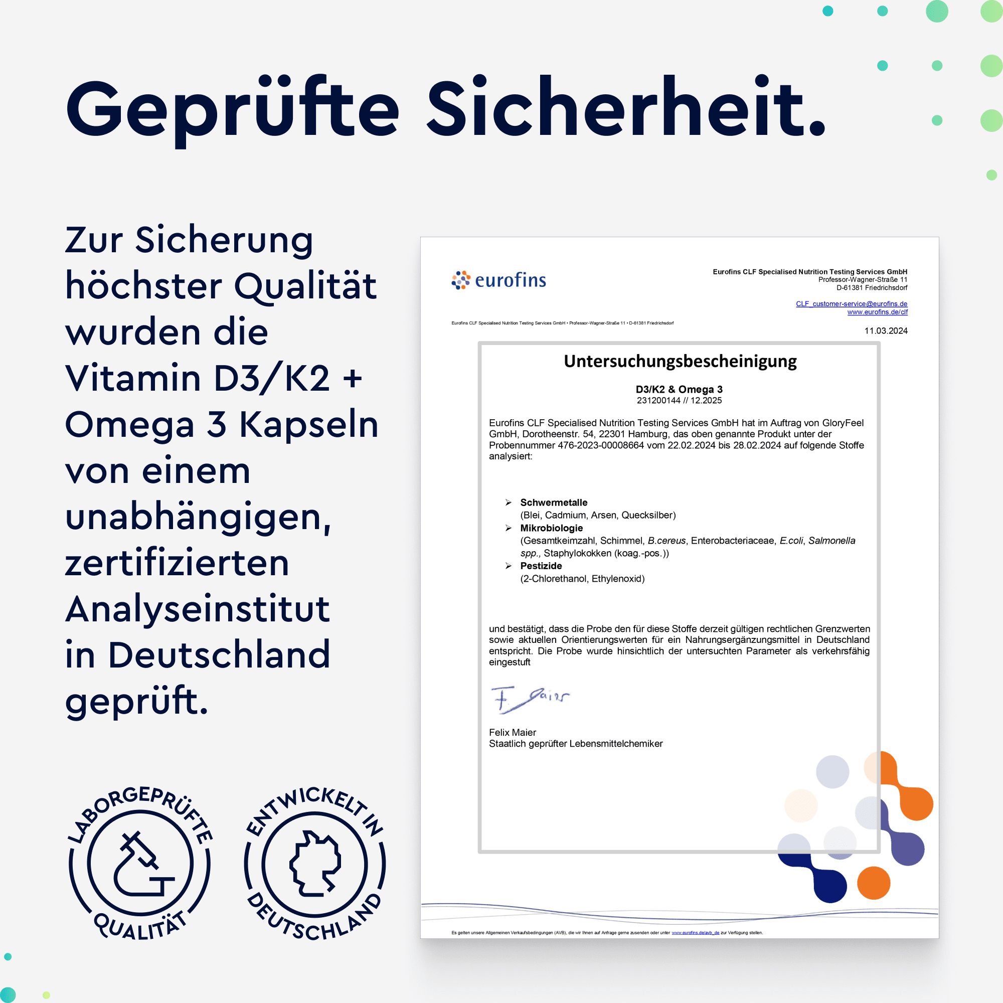 Geprüfte Sicherheit: Gloryfeel Vitamin D3/K2 + Omega 3 Kapseln von unabhängigem Institut in Deutschland geprüft.