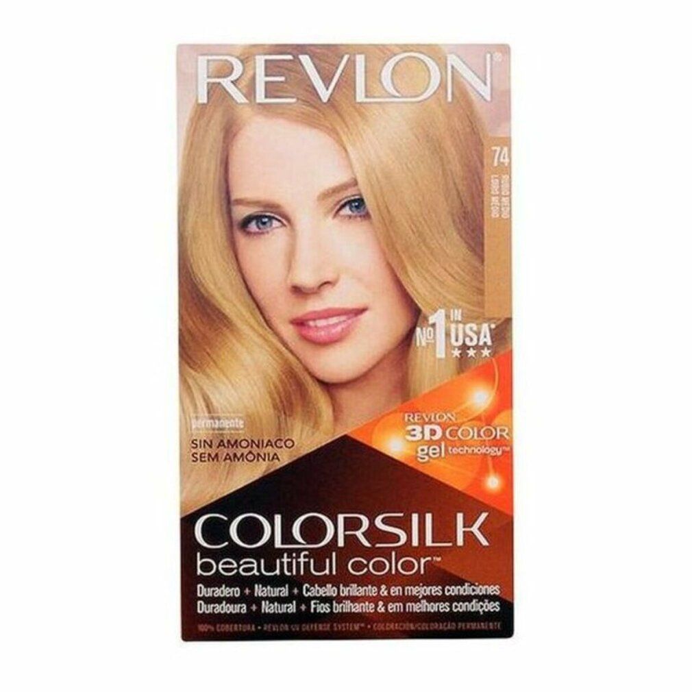 Revlon Colorsilk Haarfarbe. Blond Moyen 74. Verpackung mit Frau mit blonden Haaren. Text: Ohne Ammoniak, 3D Color Gel.