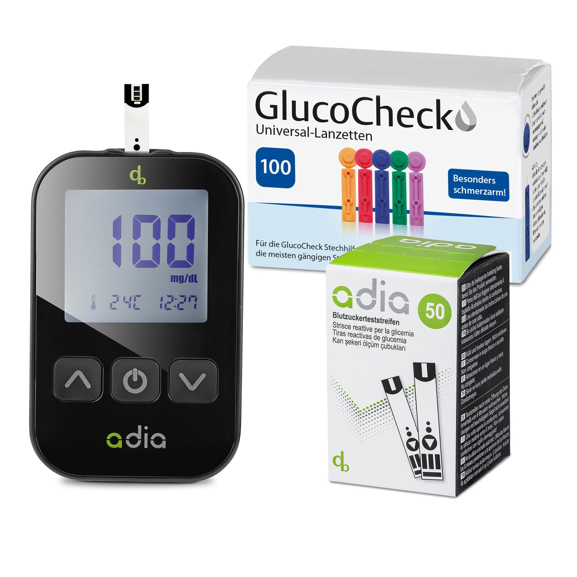 adia Blutzuckerteststreifen (60 Stück) mit Blutzuckermessgerät (mg/dl) und 110 Lanzetten