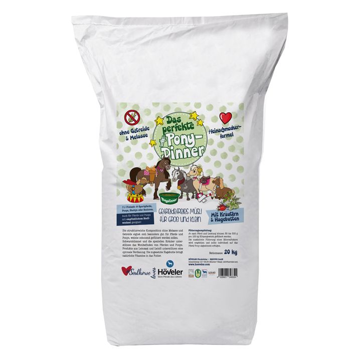 Weißer Sack mit Aufdruck. "Das perfekte Pony-Dinner" mit Illustrationen von Ponys. 20 kg. Ohne Getreide & Melasse.