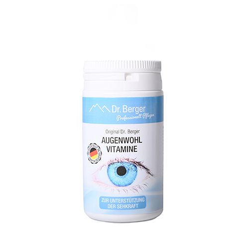 Weiße Dose mit blauem Etikett. Aufschrift: Original Dr. Berger Augenwohl Vitamine. Abbildung eines Auges. Mit deutschem Qualitätssiegel.