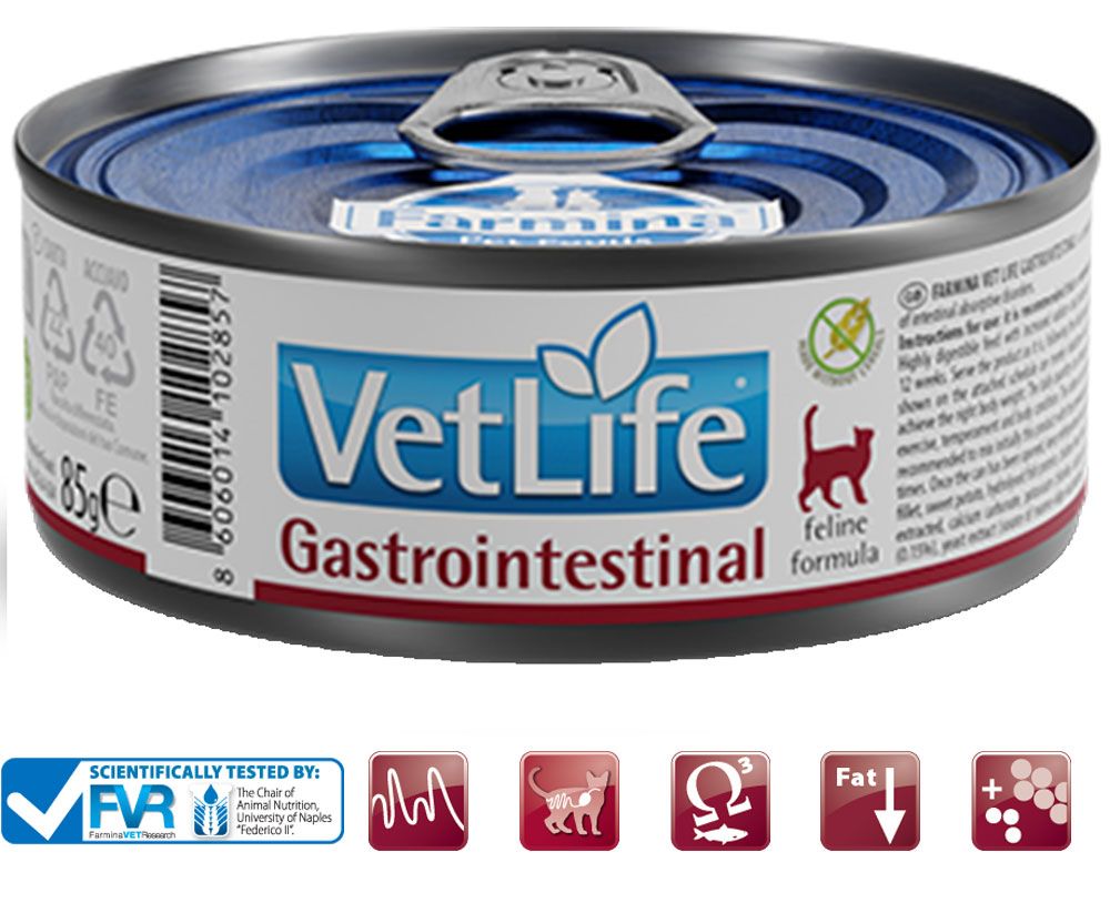 Katzenfutterdose "Vet Life Gastrointestinal". Dose mit blauem Deckel, silbernem Rand und Zuglasche. Verschiedene Icons darunter.
