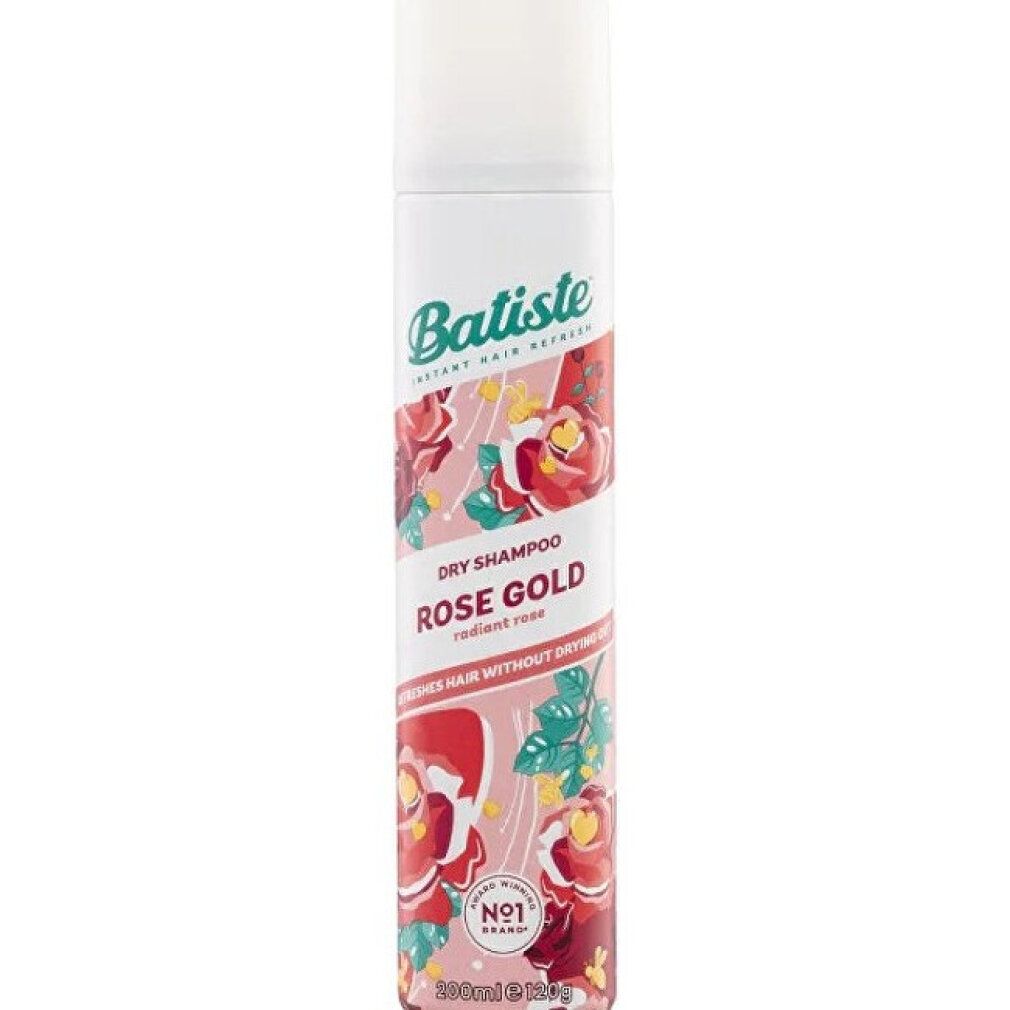 Trockenshampoo-Spraydose. Weißer Deckel, rosaroter Hintergrund mit Rosen. Schriftzug: Batiste, Rose Gold.