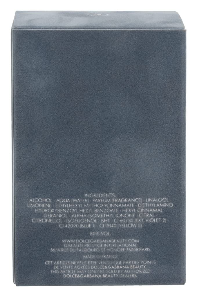 Rückseite einer hellblauen Schachtel. Text: Inhaltsstoffe, Dolce & Gabbana Beauty, Made in France.