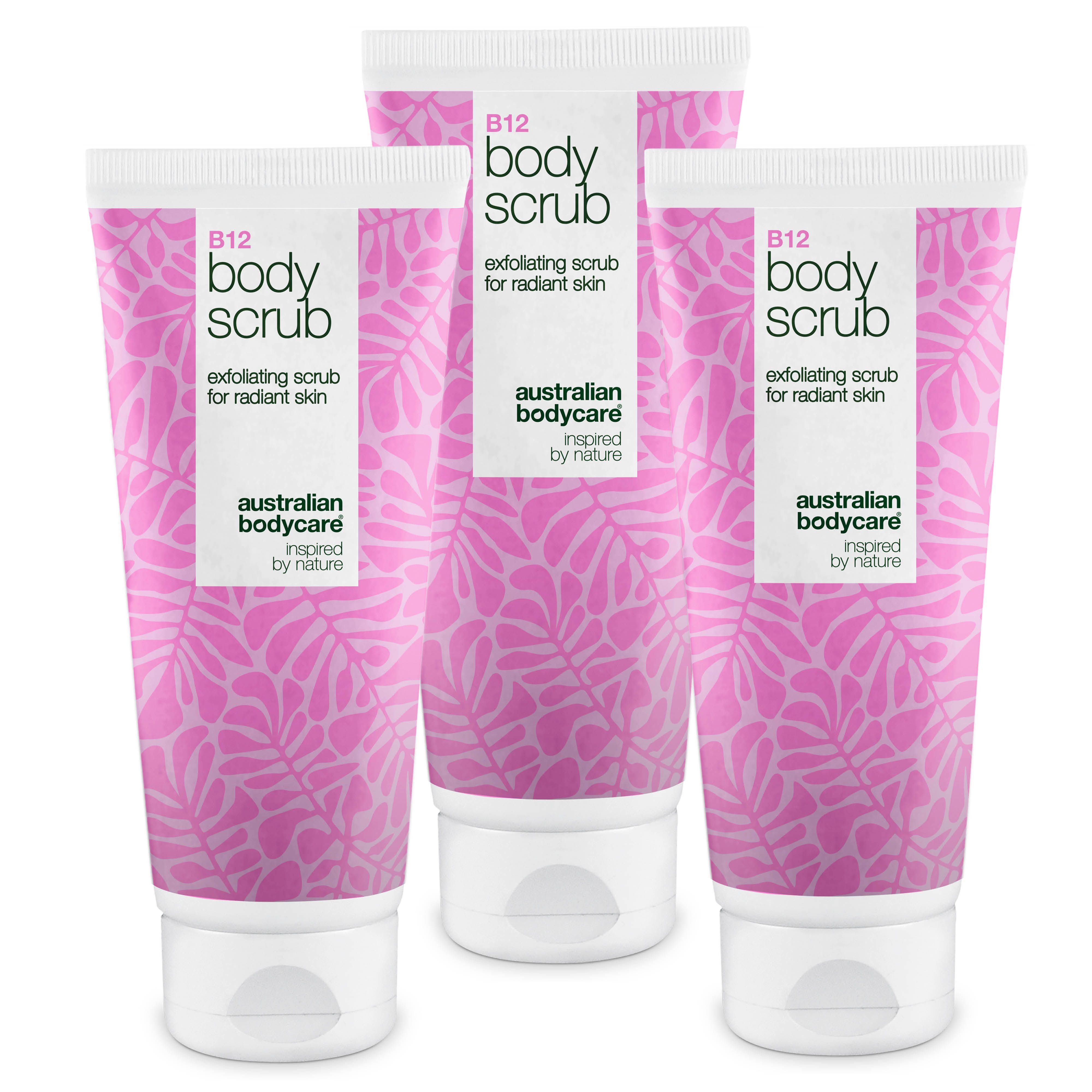 Drei Tuben mit B12 Body Scrub. Rosa Design mit Blättern. Weißer Deckel. Text: Australian Bodycare.