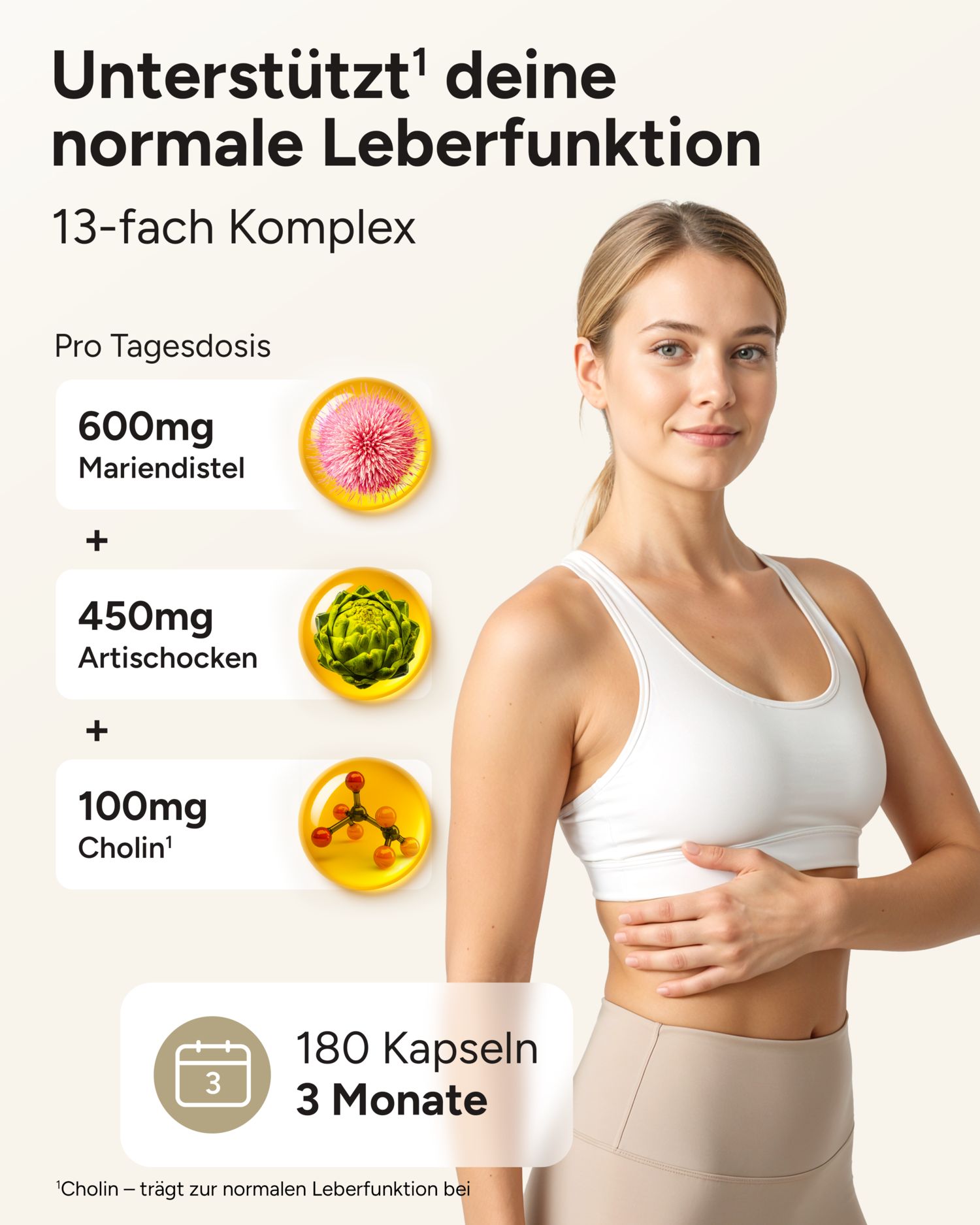 Junge Frau mit blonden Haaren. Grafische Darstellung von Mariendistel, Artischocke und Cholin. Text: 180 Kapseln, 3 Monate.