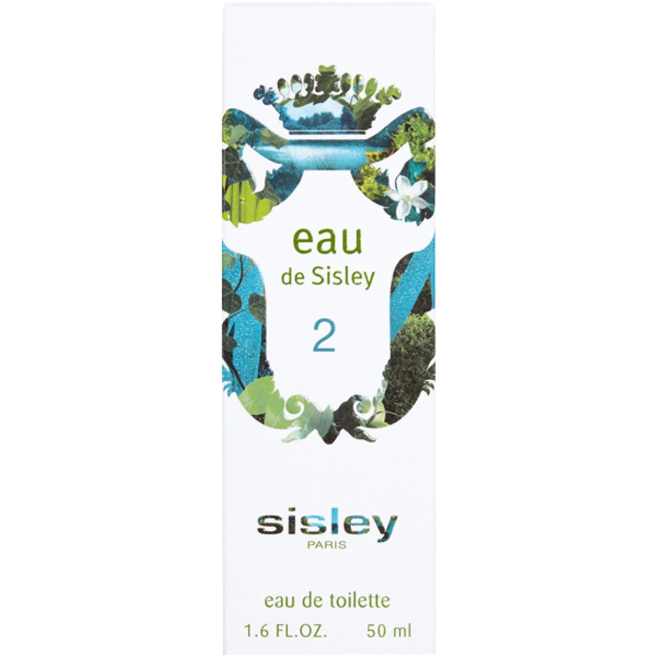 Weiße Verpackung mit grünen und blauen floralen Mustern. Aufschrift: Eau de Sisley 2, eau de toilette, Sisley Paris.