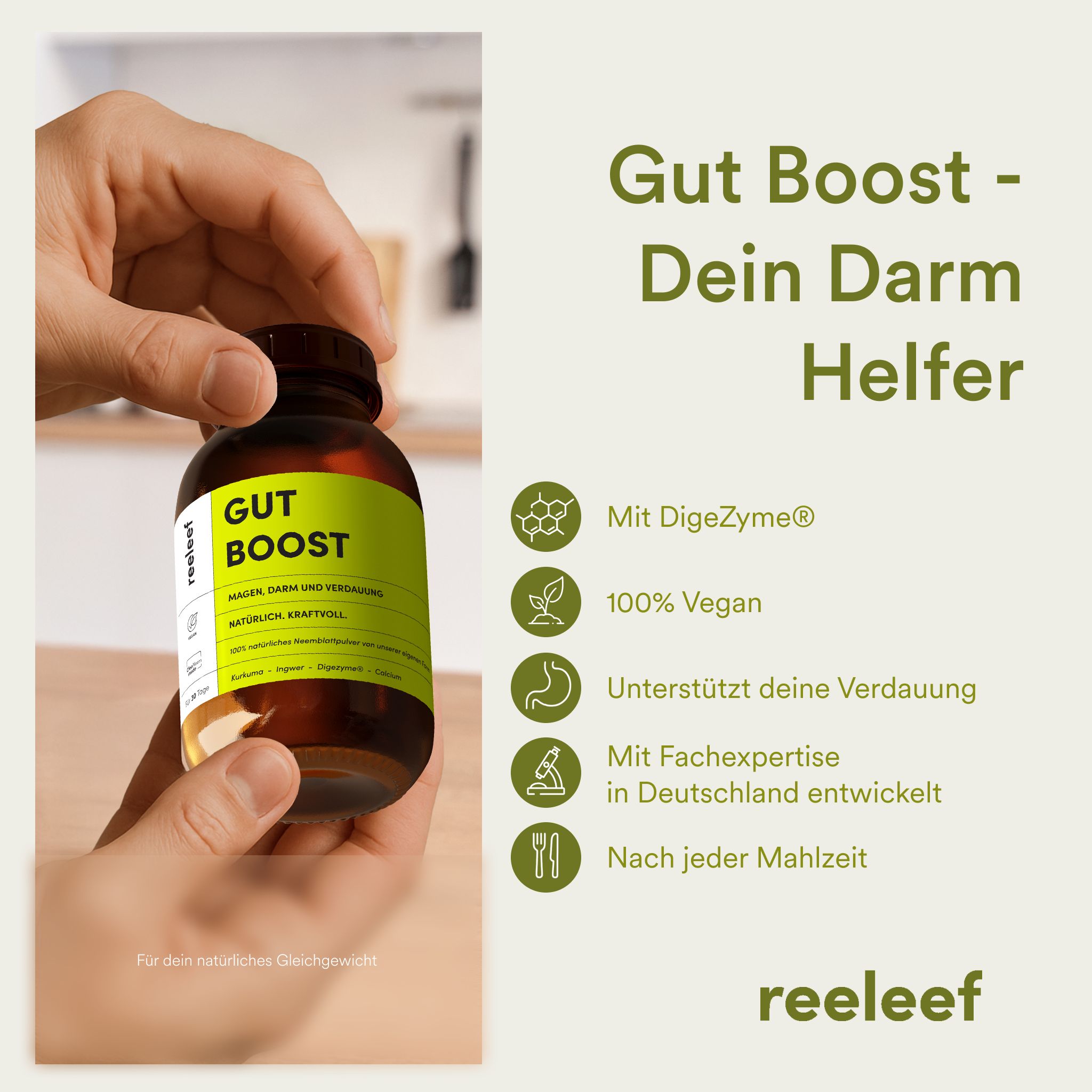 Hand hält eine braune Flasche mit gelbem Etikett. Text: GUT BOOST. Icons und Text um die Flasche.