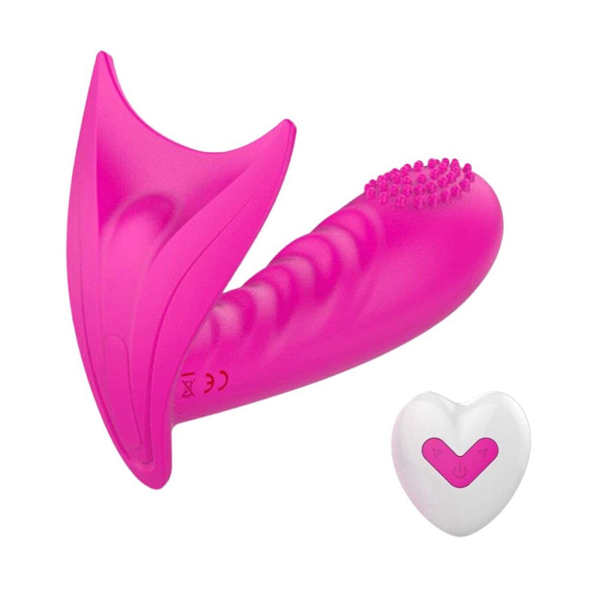 Pinkfarbener Vibrator mit Flügeln und Noppen. Inklusive herzförmiger Fernbedienung.