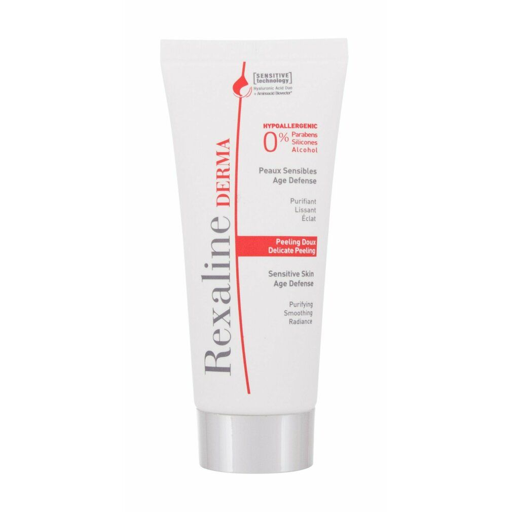 Weiße Tube mit silbernem Verschluss. Aufschrift: Rexaline Derma. Für empfindliche Haut. Hypoallergen. Peeling Doux. Age Defense.