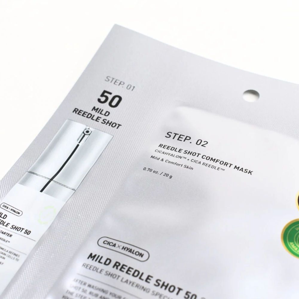 Zwei-Schritte-Maske. Aufschrift: Mild Reedle Shot 50. Verpackung mit Produktinformationen und Abbildungen. Text: CICA x Hyalon.
