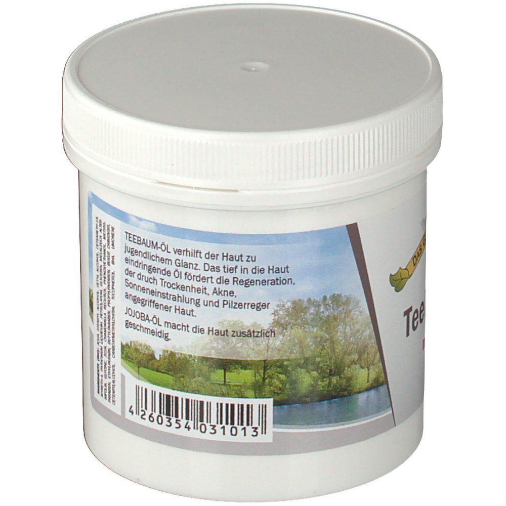 Weißer Tiegel mit Deckel. Auf der Seite Text und Barcode. Aufschrift: Teebaum-Öl. Jojoba-Öl. Logo: Das Gute aus dem Inntal.