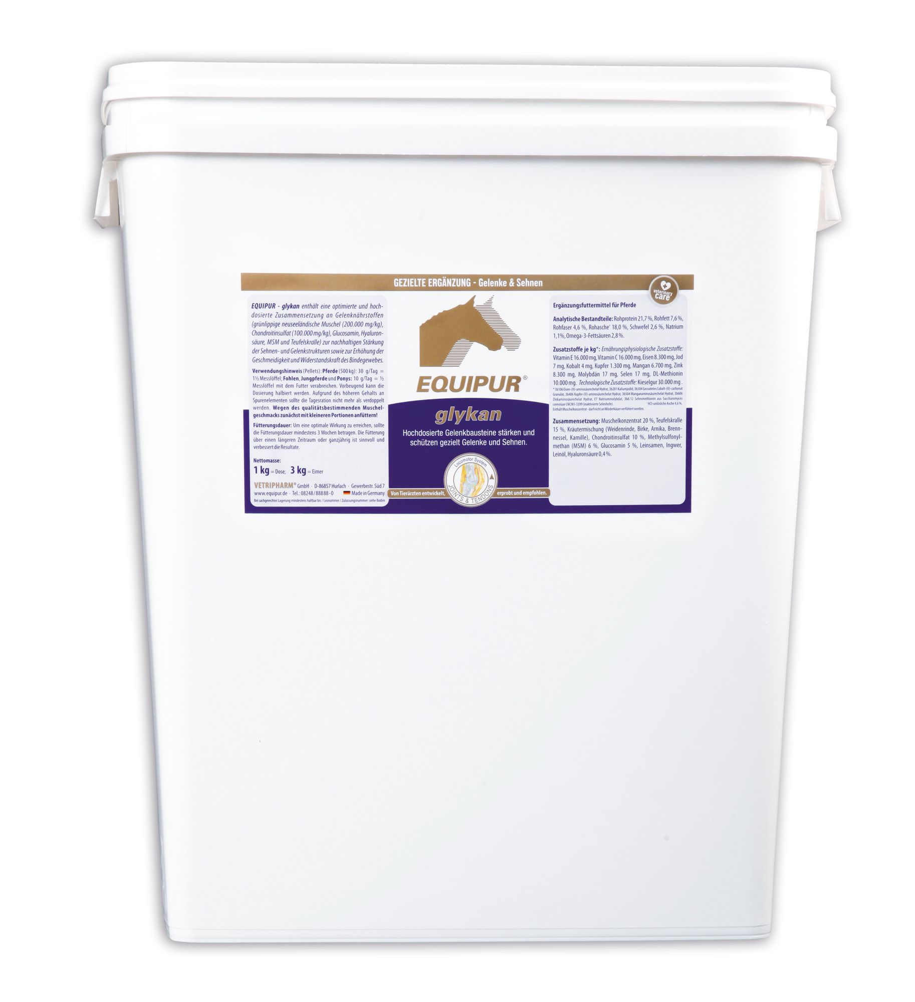Weißer Eimer mit Etikett. Etikett mit Produktnamen, Logo und Text. Aufschrift: EQUIPUR glykan. 1 kg und 2 kg Angaben.