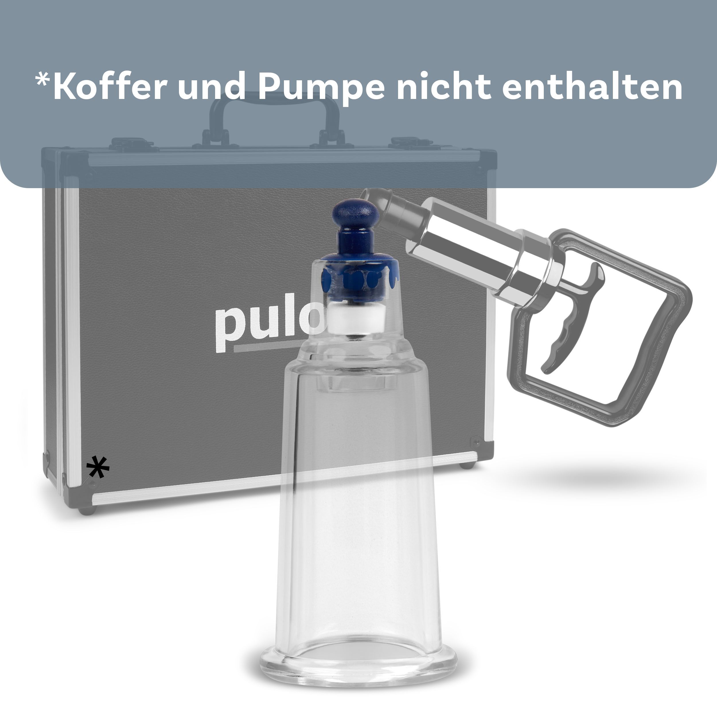 Schröpfglas mit blauem Ventil, neben Koffer und Pumpe (nicht enthalten). Produktname 'pulox' im Hintergrund.