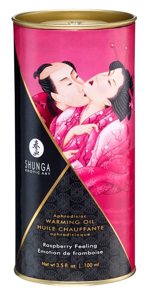 Zylindrische Dose mit rosa Hintergrund. Aufdruck mit küssendem Paar. Text: Shunga, Warming Oil, Himbeer-Feeling.