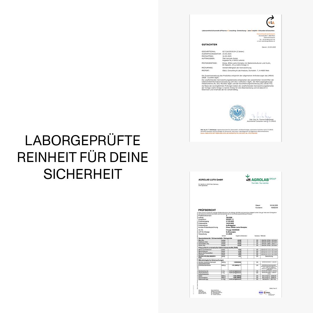 Zwei Dokumente. Text: Laborgeprüfte Reinheit für deine Sicherheit. Logos: I&C, Agrolab Group.