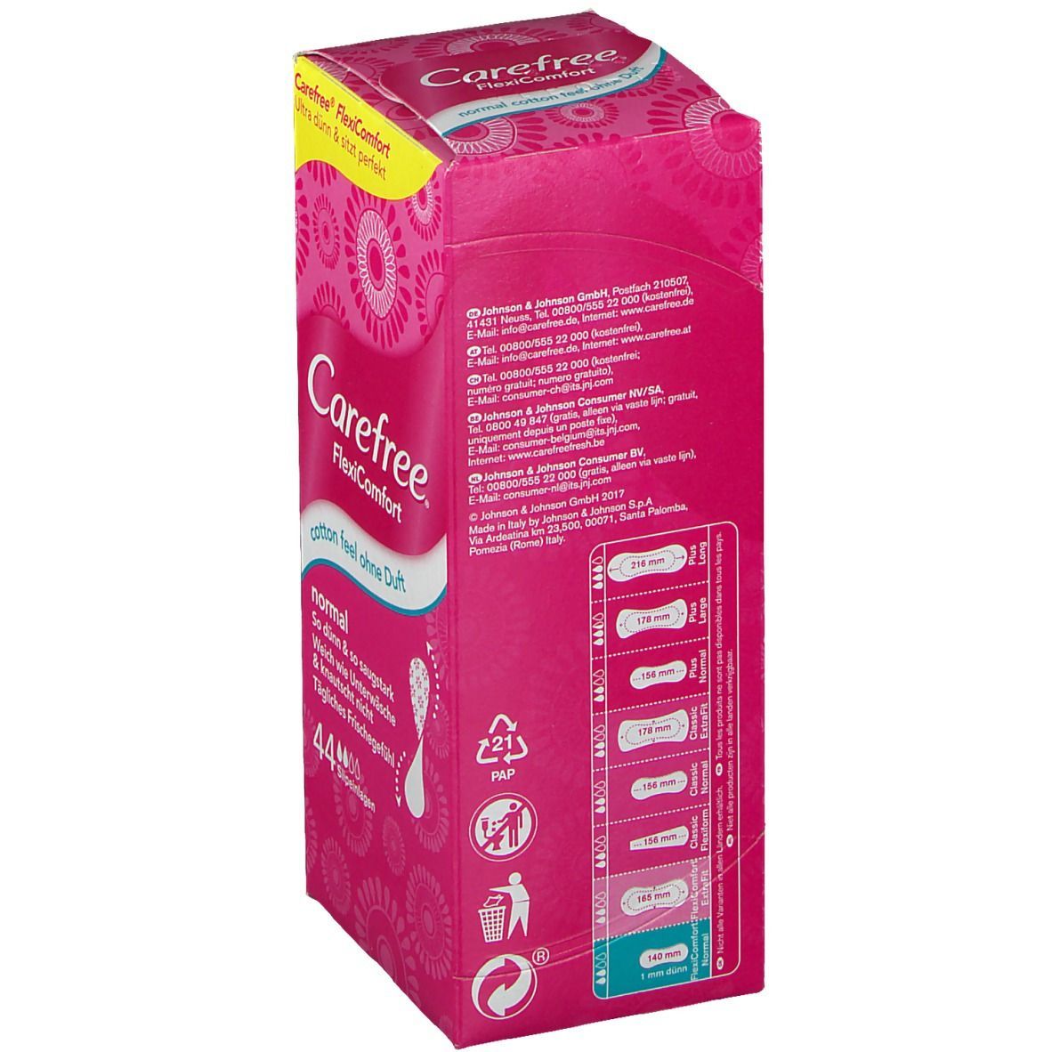 Rosa Verpackung mit Produktinformationen. Aufschrift: Carefree FlexiComfort. Größenangaben und Produktmerkmale.