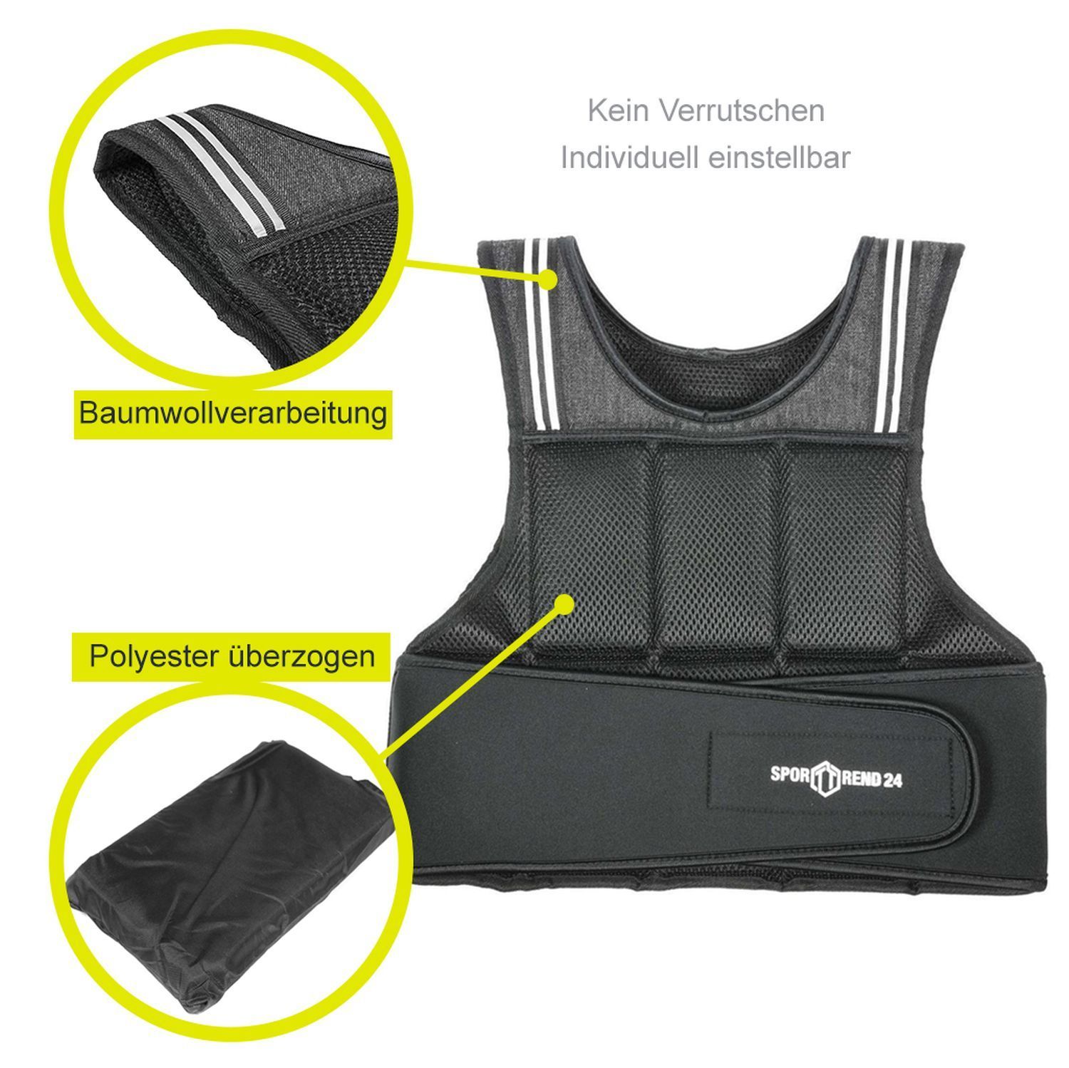 Schwarze Gewichtsweste mit weißen Streifen. Baumwollverarbeitung und Polyester-Überzug. Text: Sporttrend 24.