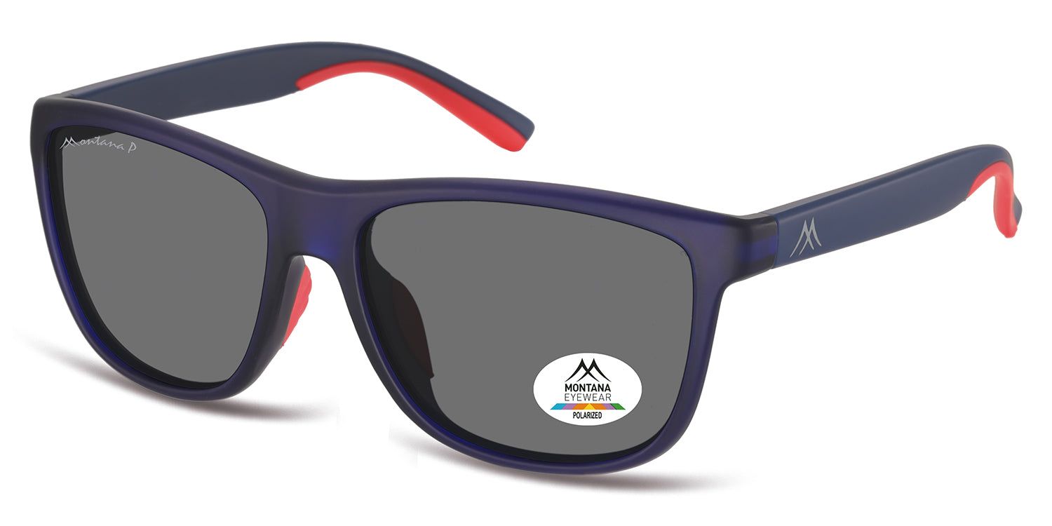 Blaue Sonnenbrille mit grauen Gläsern. Rote Akzente an den Bügelenden. Montana Eyewear Logo auf dem Bügel. Polarisiert.