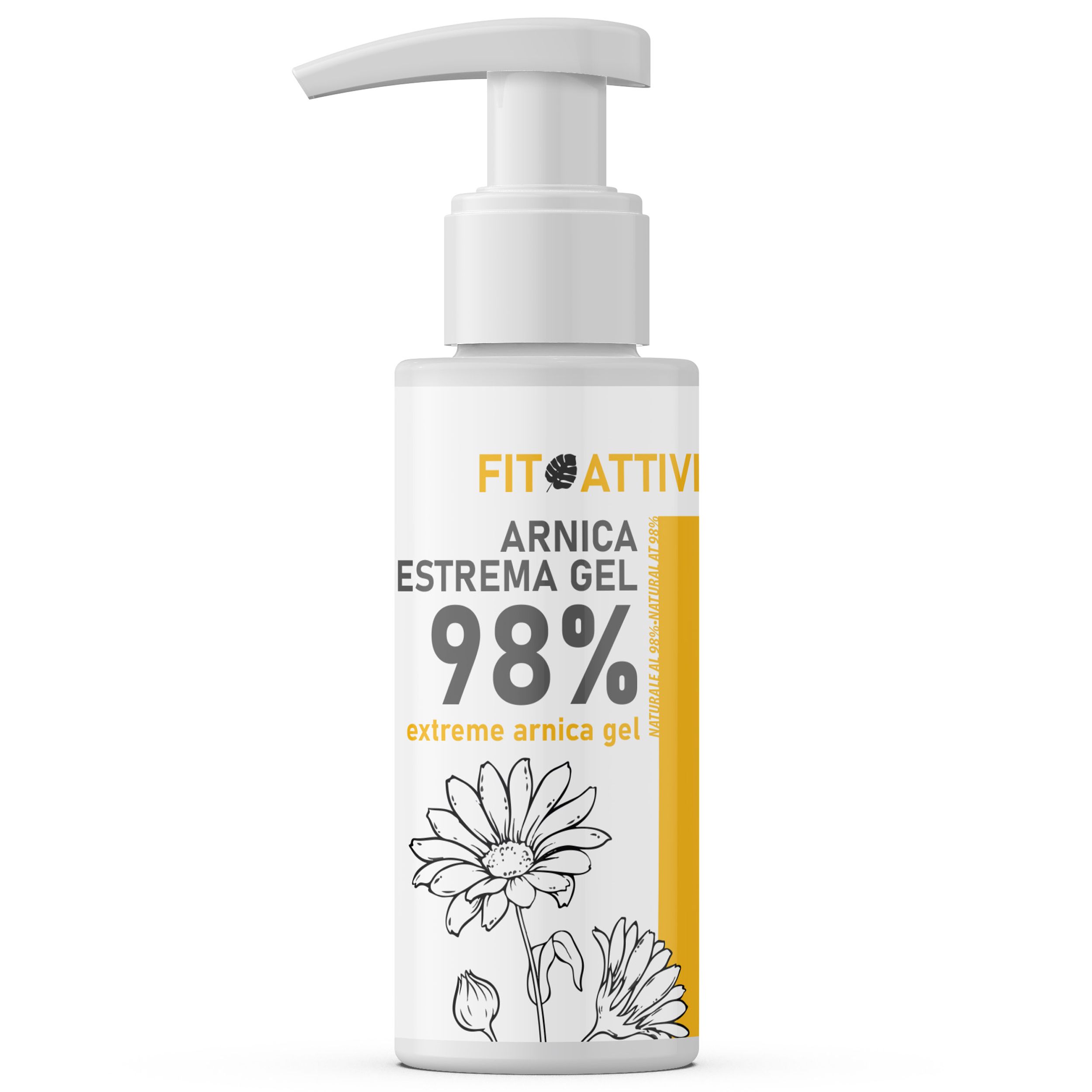 Weiße Flasche mit Pumpe. Aufschrift 'Fitoattivi Arnika Estrema Gel 98%'. Illustration einer Blume.