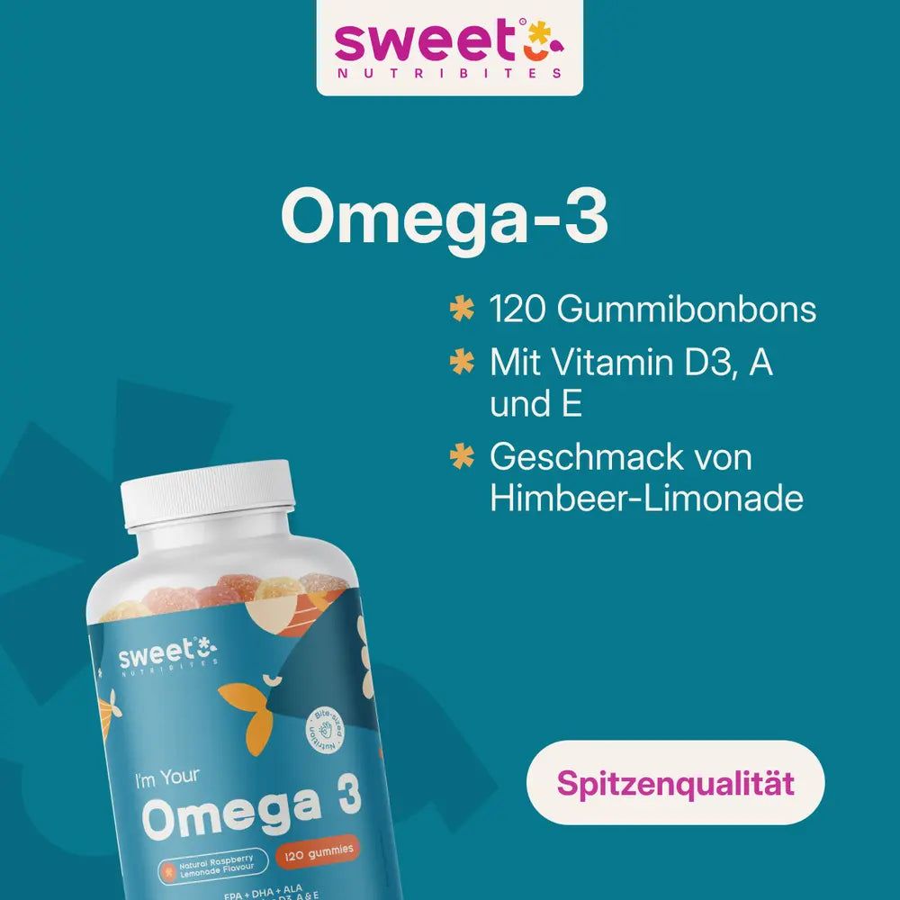 Produktflasche mit Omega-3 Gummibonbons. Text: Omega-3, 120 Gummibonbons, Himbeer-Limonade Geschmack. Spitzenqualität.