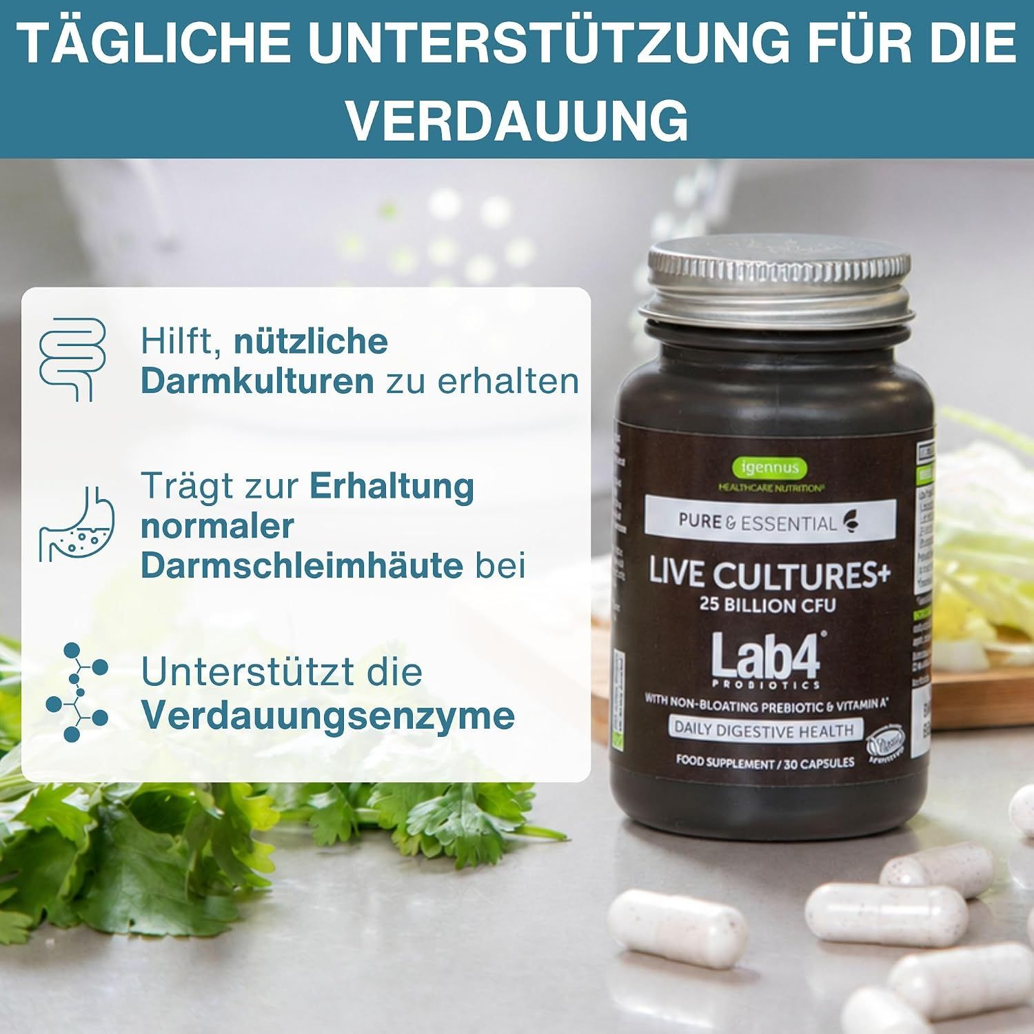 Dreifachkombination für Darmgesundheit: Probiotika, Präbiotikum, Vitamin A.