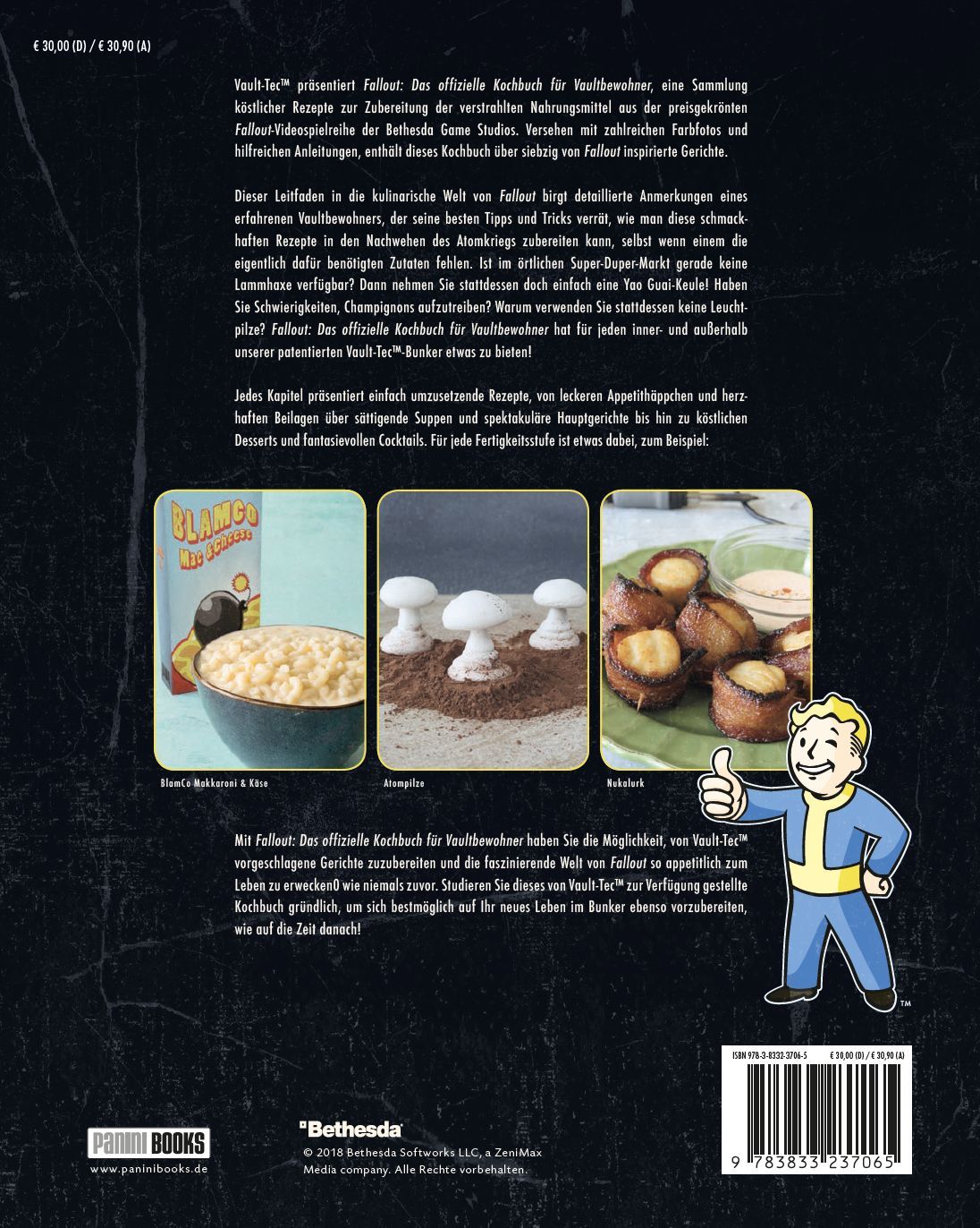 Rückseite des Kochbuchs "Fallout". Text, Abbildungen von Gerichten, Vault-Boy-Illustration, ISBN-Code.