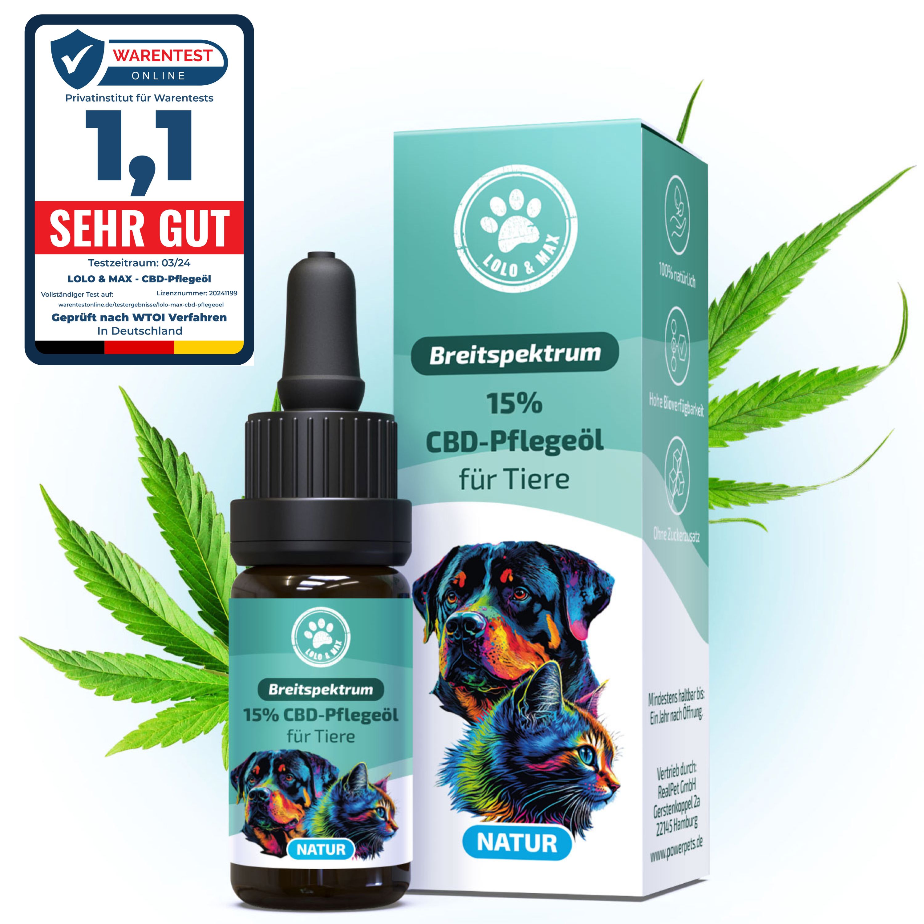 Braune Flasche und Verpackung mit Produktabbildung. Text: Breitspektrum 15% CBD-Pflegeöl für Tiere. WarenTest Online. Logo.
