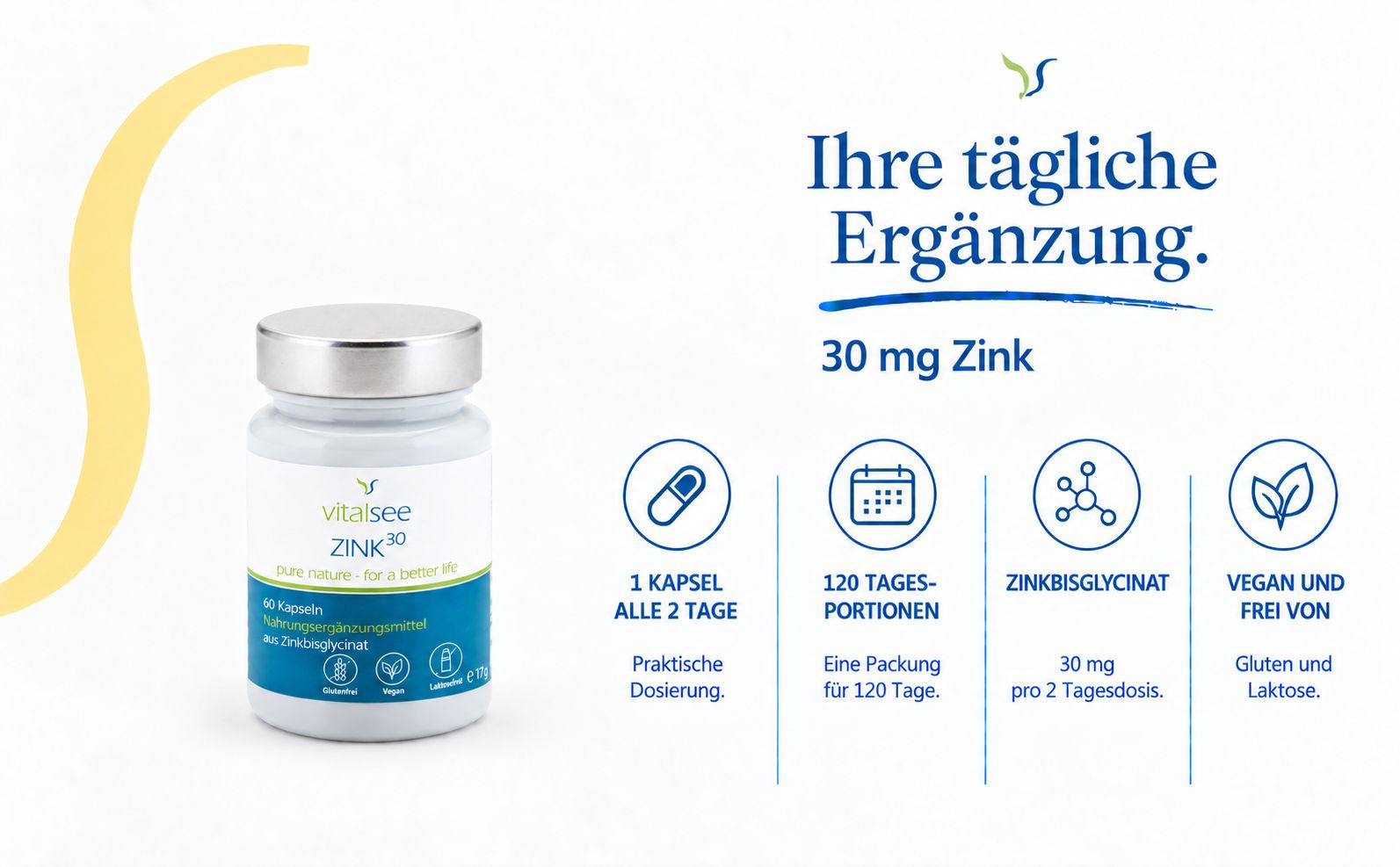 Flasche mit 60 Kapseln Zink 30 mg. Enthält Zinkbisglycinat. Vegan, gluten- und laktosefrei.
