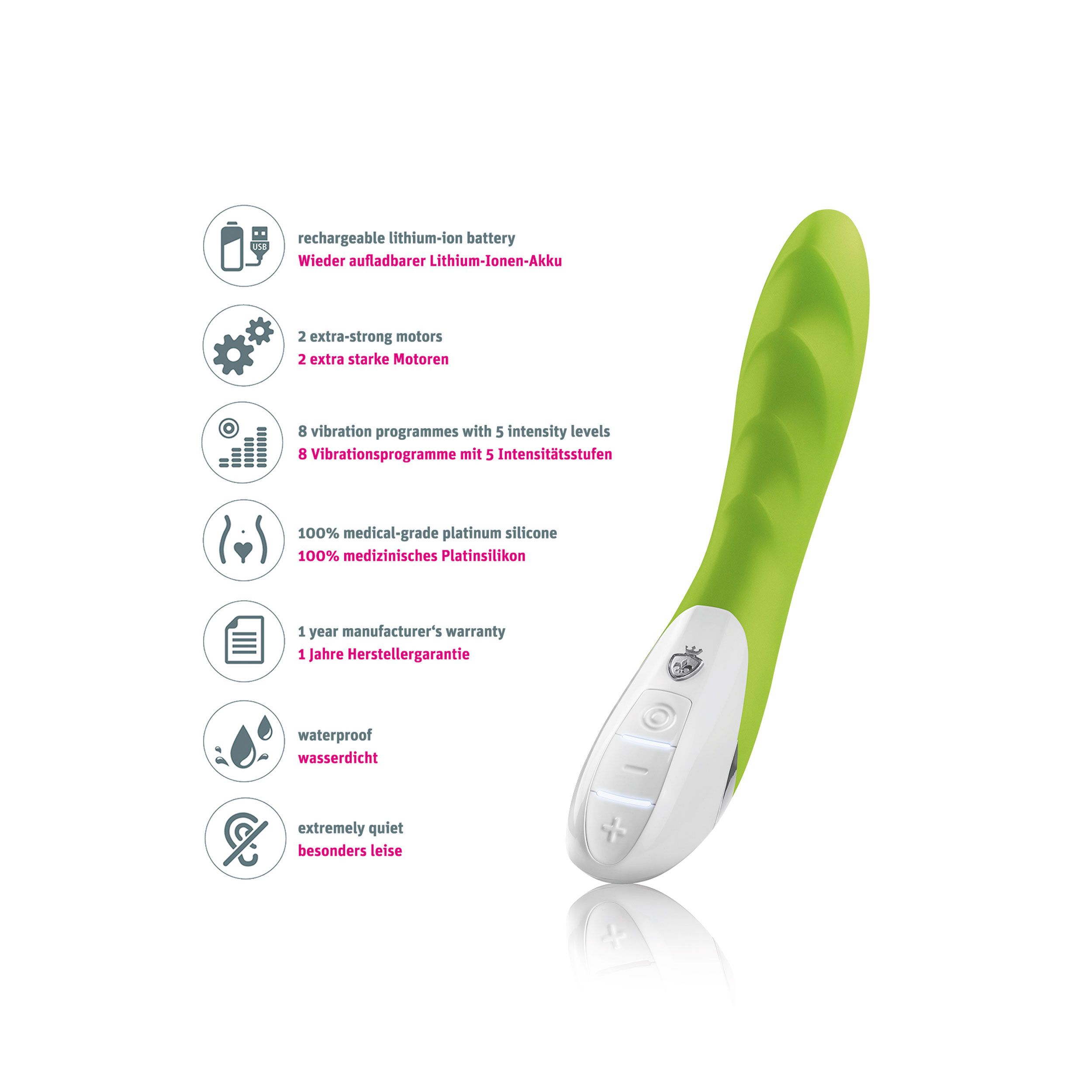 Grüner Vibrator mit weißem Bedienfeld. Text mit Produktmerkmalen.