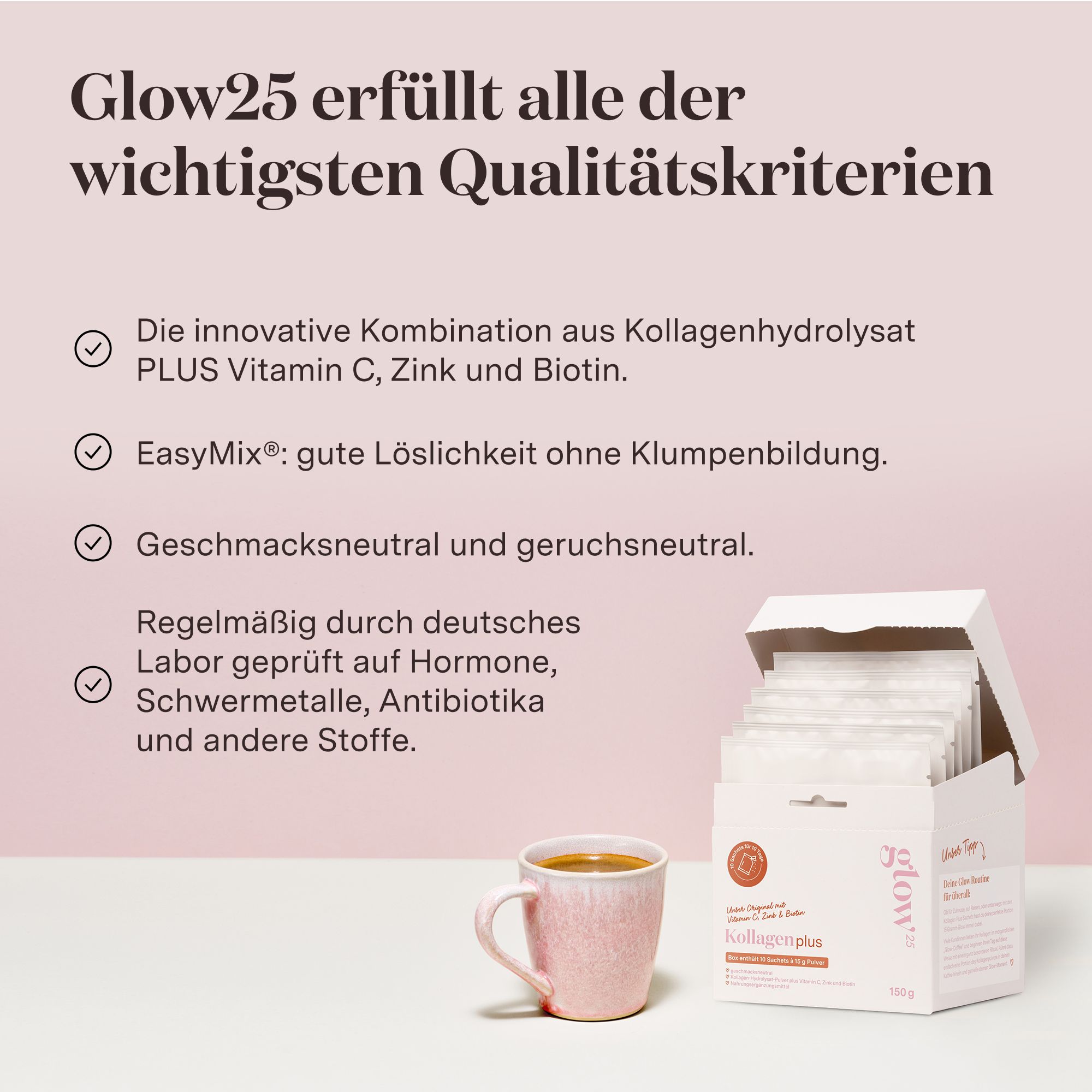 Glow25® Collagen Plus Sachets [10 Stück] - Kollagen Hydrolysat mit Vitamin C, Zink und Biotin