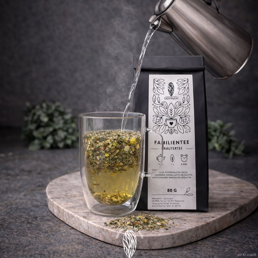 Heißes Wasser wird in ein Glas mit Kräutertee gegossen. Ein schwarzer Beutel mit Tee steht daneben.