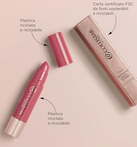 Geöffneter Lippenstift und Verpackung. Rosafarbener Lippenstift, goldfarbener Boden. Verpackung mit Aufschrift: Collistar, Twist Balmy Gloss.