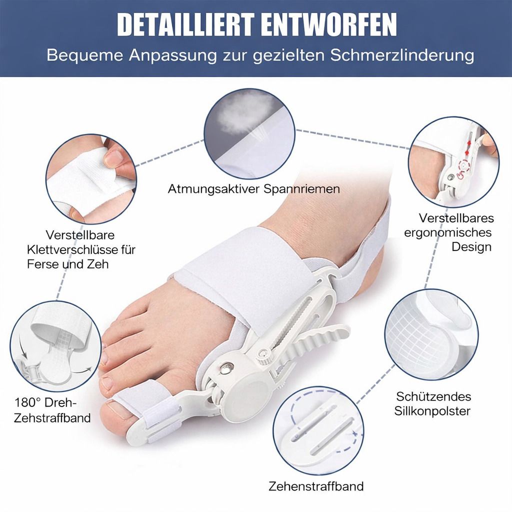 Hallux valgus Korrektor am Fuß. Weißes Design mit Klettverschlüssen und Drehverstellung. Details: atmungsaktiver Spannriemen, ergonomisches Design, Silikonpolster.