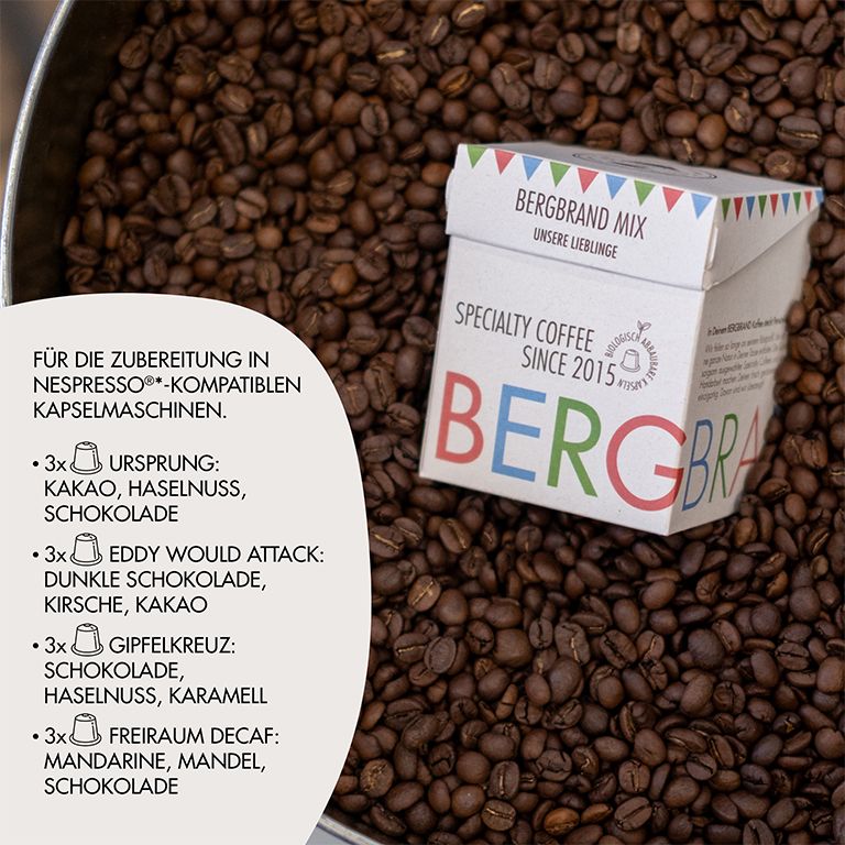 Kaffeebohnen mit Kapsel-Verpackung. Text: Für die Zubereitung in Nespresso-kompatiblen Kapselmaschinen.
