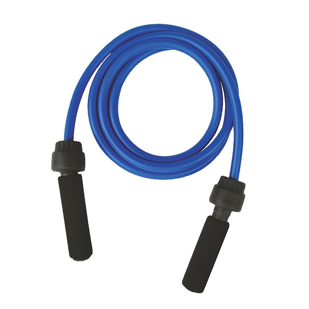 Blaues Springseil mit schwarzen Griffen. Griffe mit Schaumstoff ummantelt. Schwarze Verbindungsstücke.