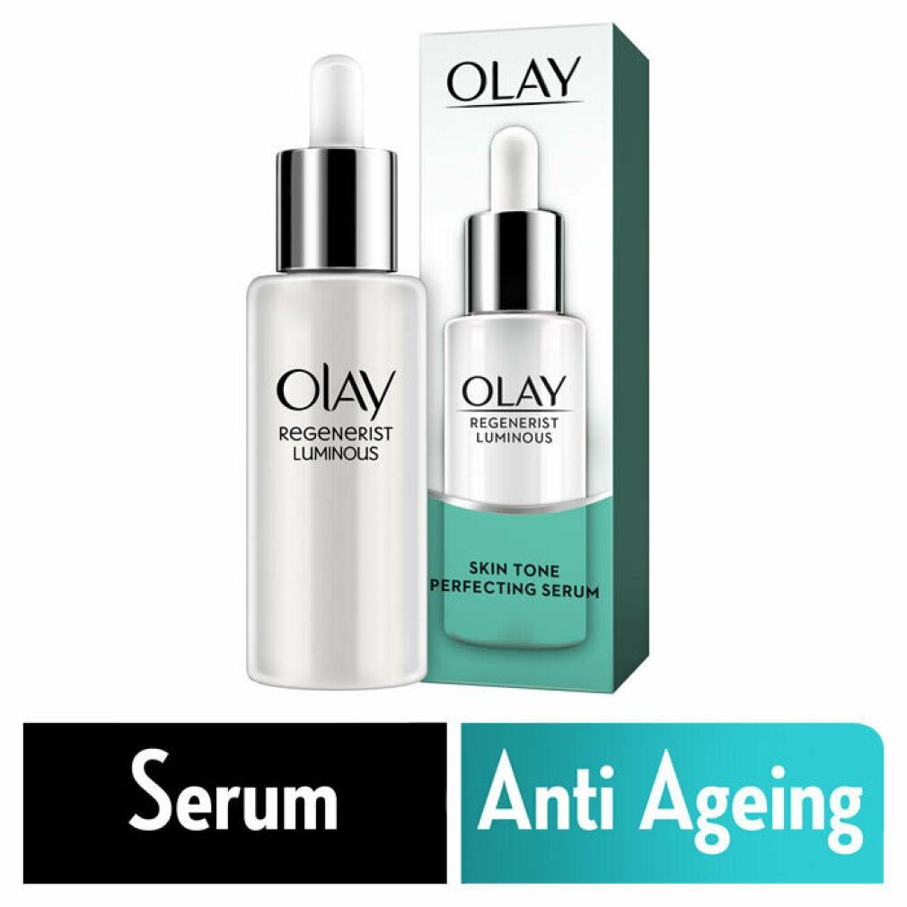 Olay Regenerist Luminoso Serum. Flasche mit Pipette und Verpackung. Text: Skin Tone Perfecting Serum, Anti-Ageing.