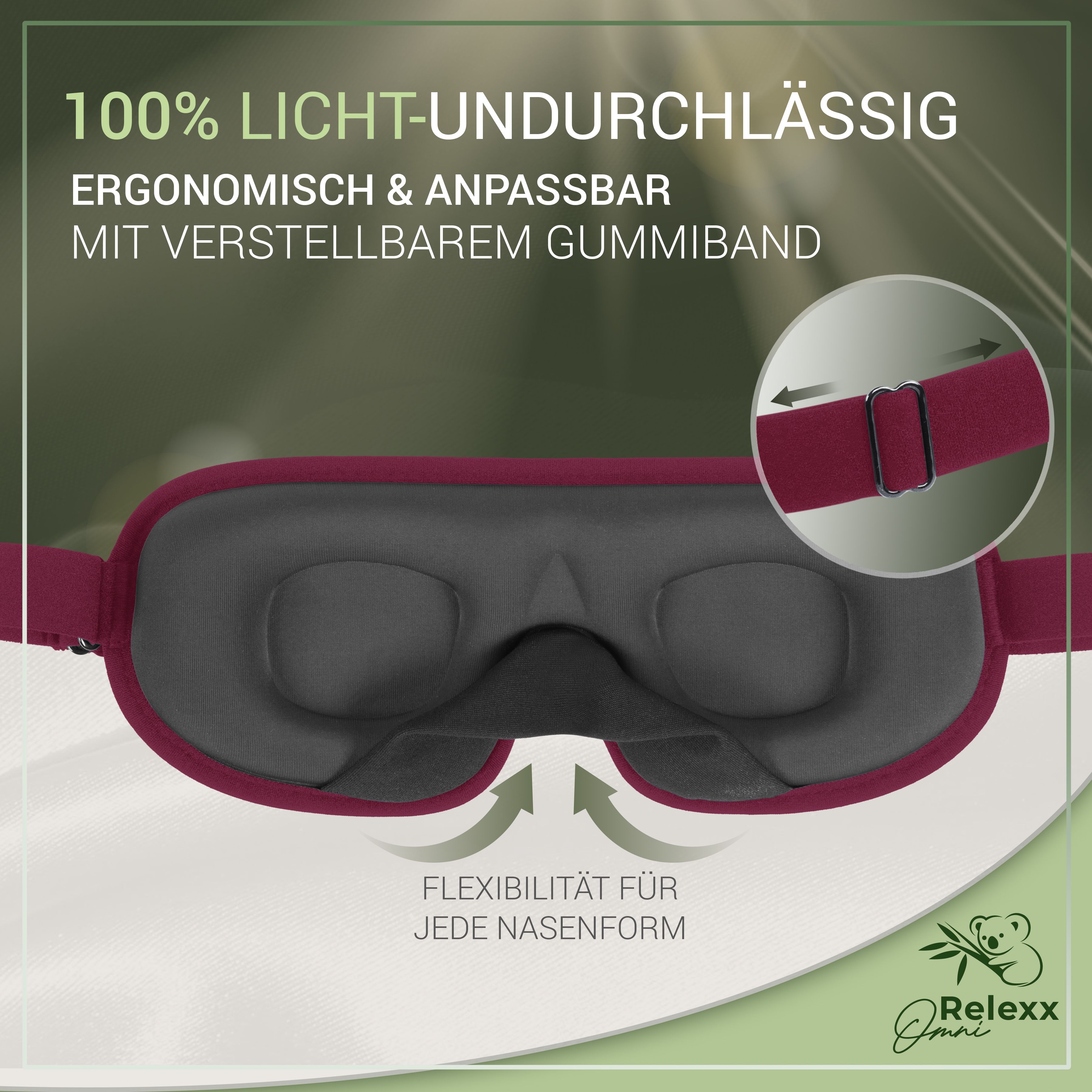 Schlafmaske mit verstellbarem Gummiband. Flexibilität für jede Nasenform. 100% lichtundurchlässig.