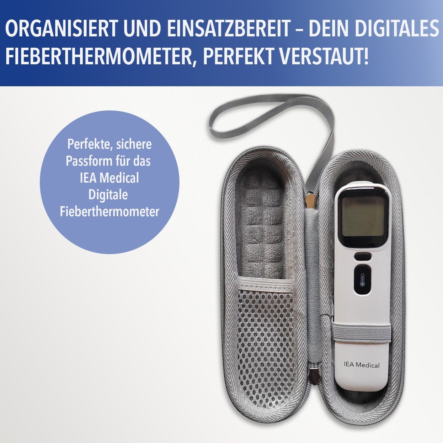 Geöffnetes Etui mit digitalem Fieberthermometer. Graues Etui, weißes Thermometer. IEA Medical.