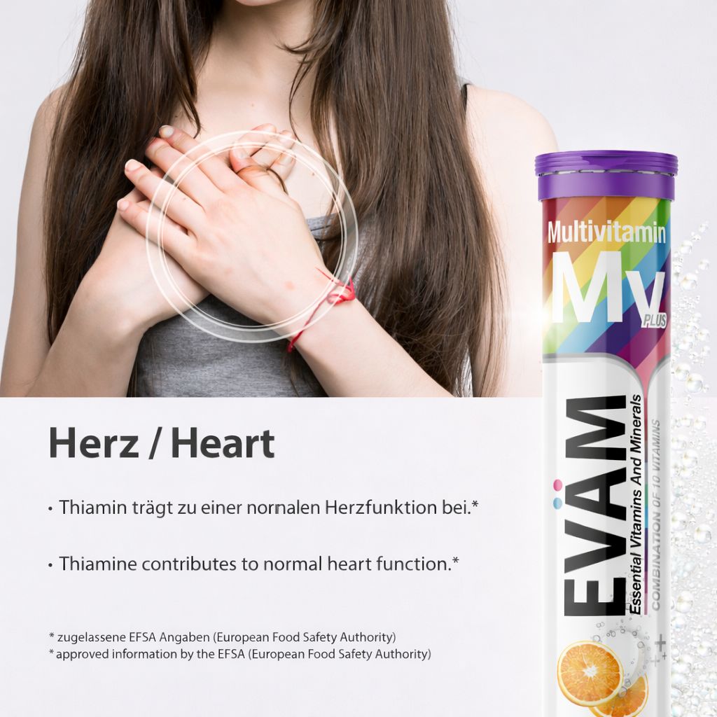 Eine Tube EVÄM Multivitamin Brausetabletten neben einer Frau. Text: Herz / Heart. Thiamin trägt zu einer normalen Herzfunktion bei.