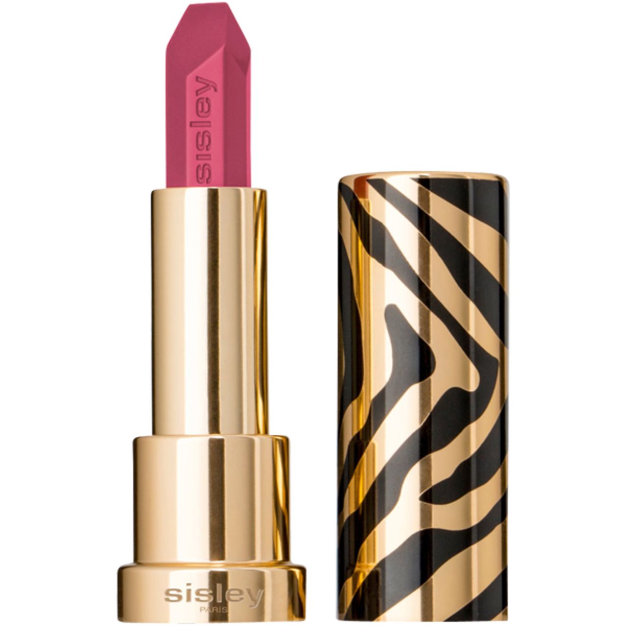 Goldfarbener Lippenstift mit pinker Spitze. Der Deckel ist schwarz-gold gestreift. Sisley-Logo auf dem Lippenstift.